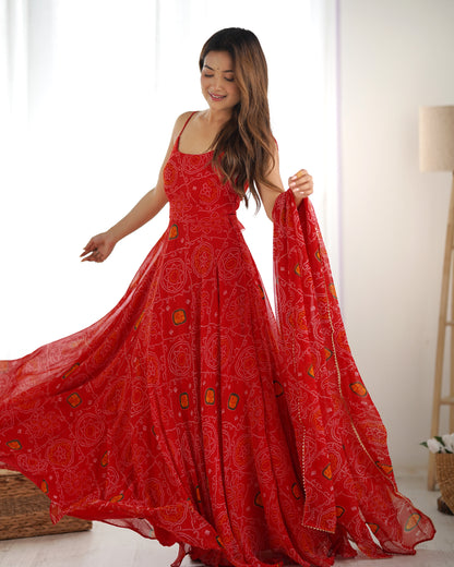 Chiffon Bandhej Anarkali Suit for Women - Party Wear Gown