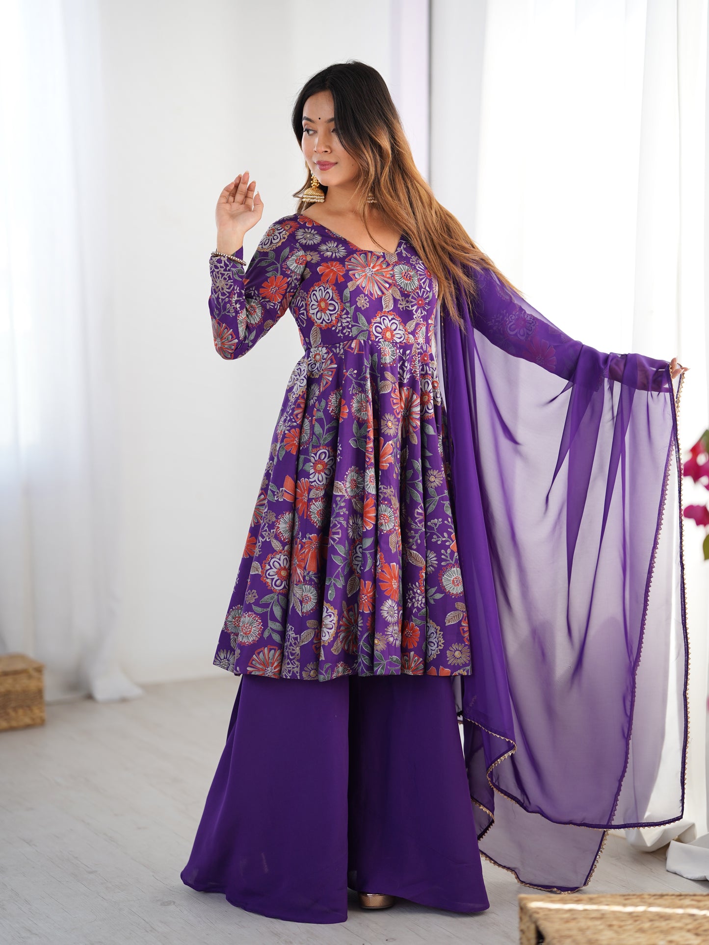 Floral Romansilk Chanderi Kediya Kurta Palazzo Set with Dupatta