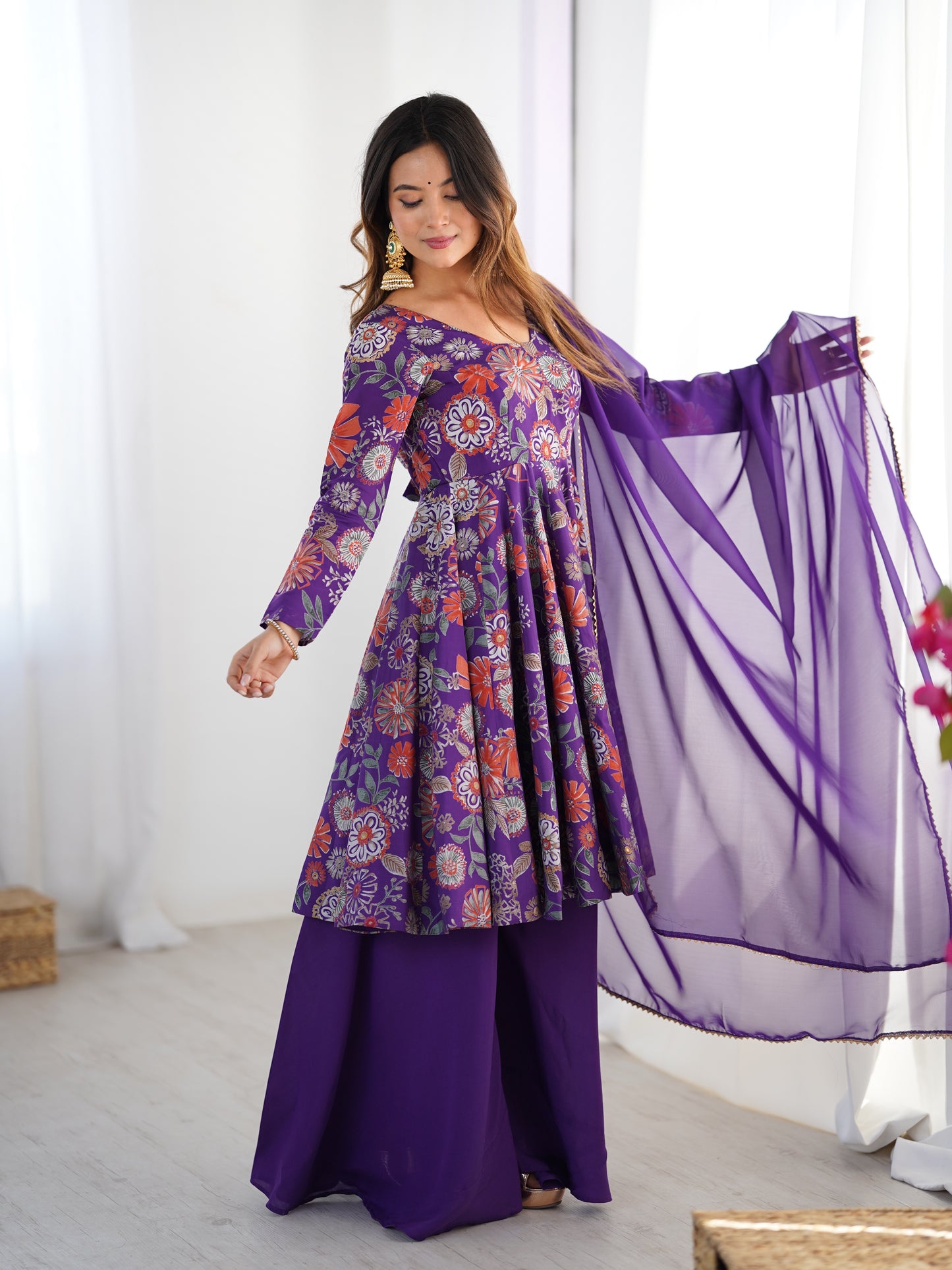 Floral Romansilk Chanderi Kediya Kurta Palazzo Set with Dupatta