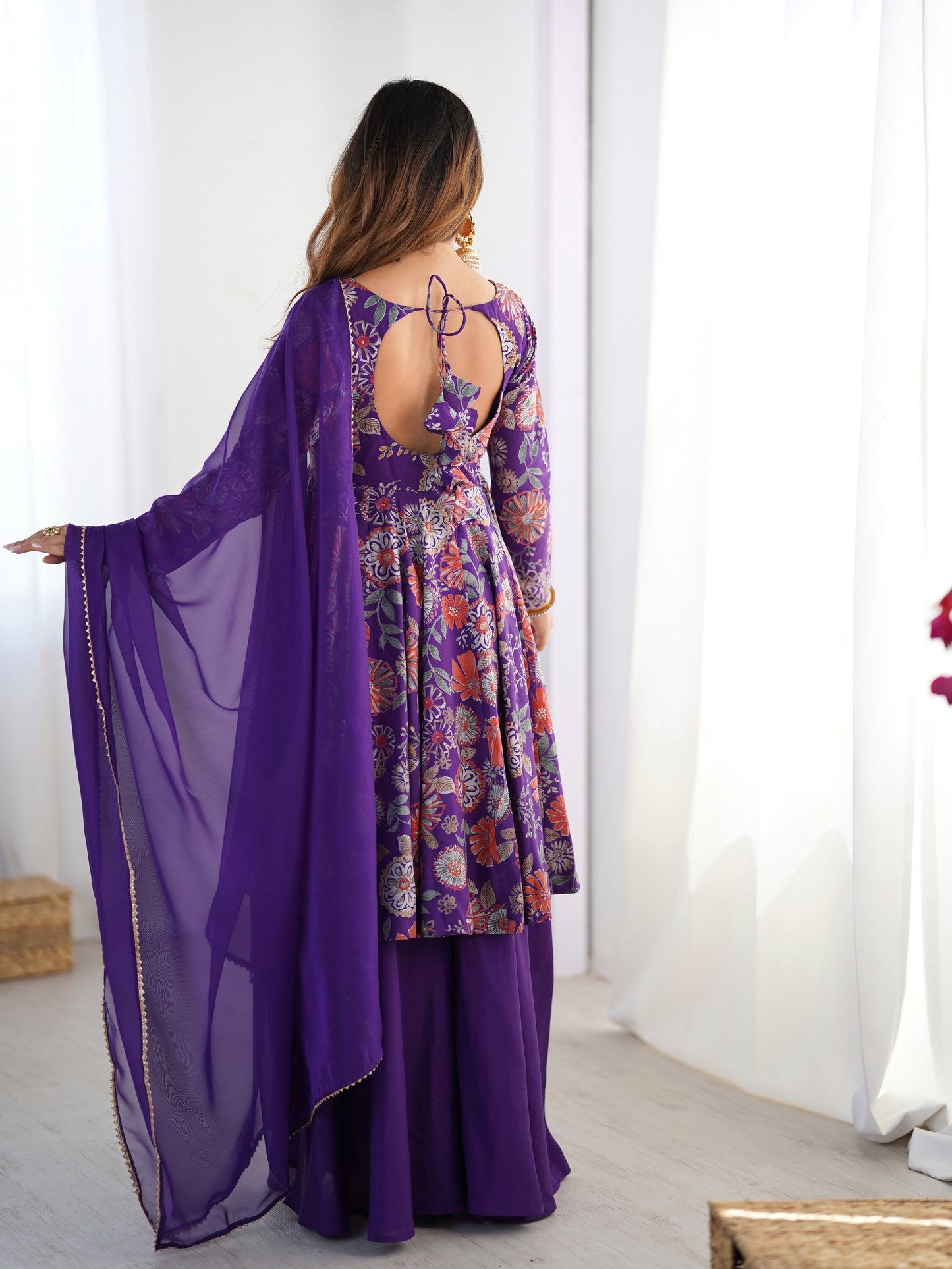 Floral Romansilk Chanderi Kediya Kurta Palazzo Set with Dupatta