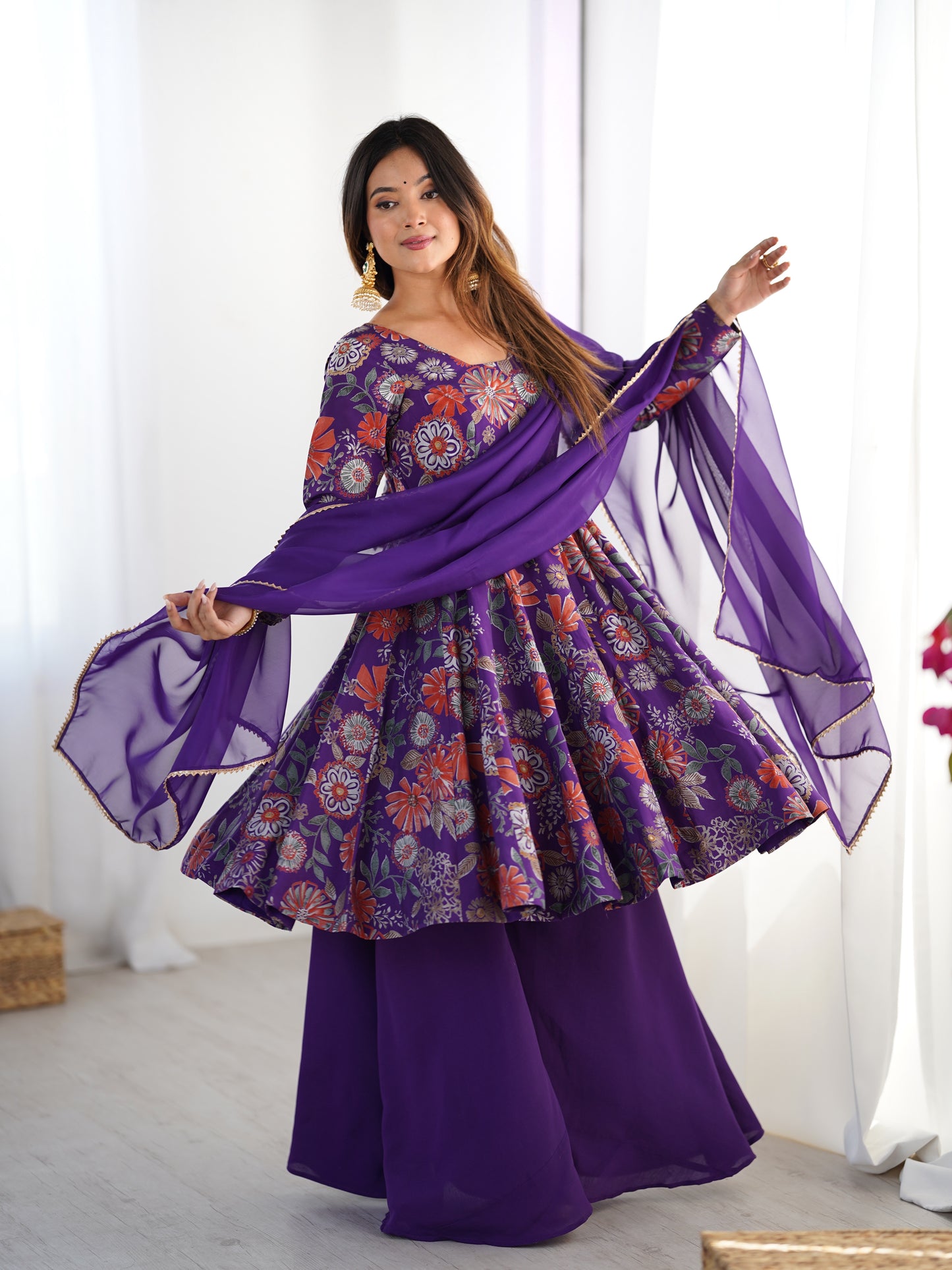 Floral Romansilk Chanderi Kediya Kurta Palazzo Set with Dupatta