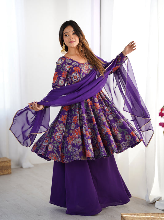 Floral Romansilk Chanderi Kediya Kurta Palazzo Set with Dupatta