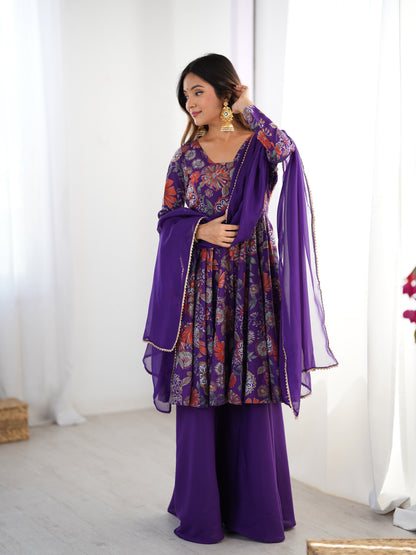 Floral Romansilk Chanderi Kediya Kurta Palazzo Set with Dupatta