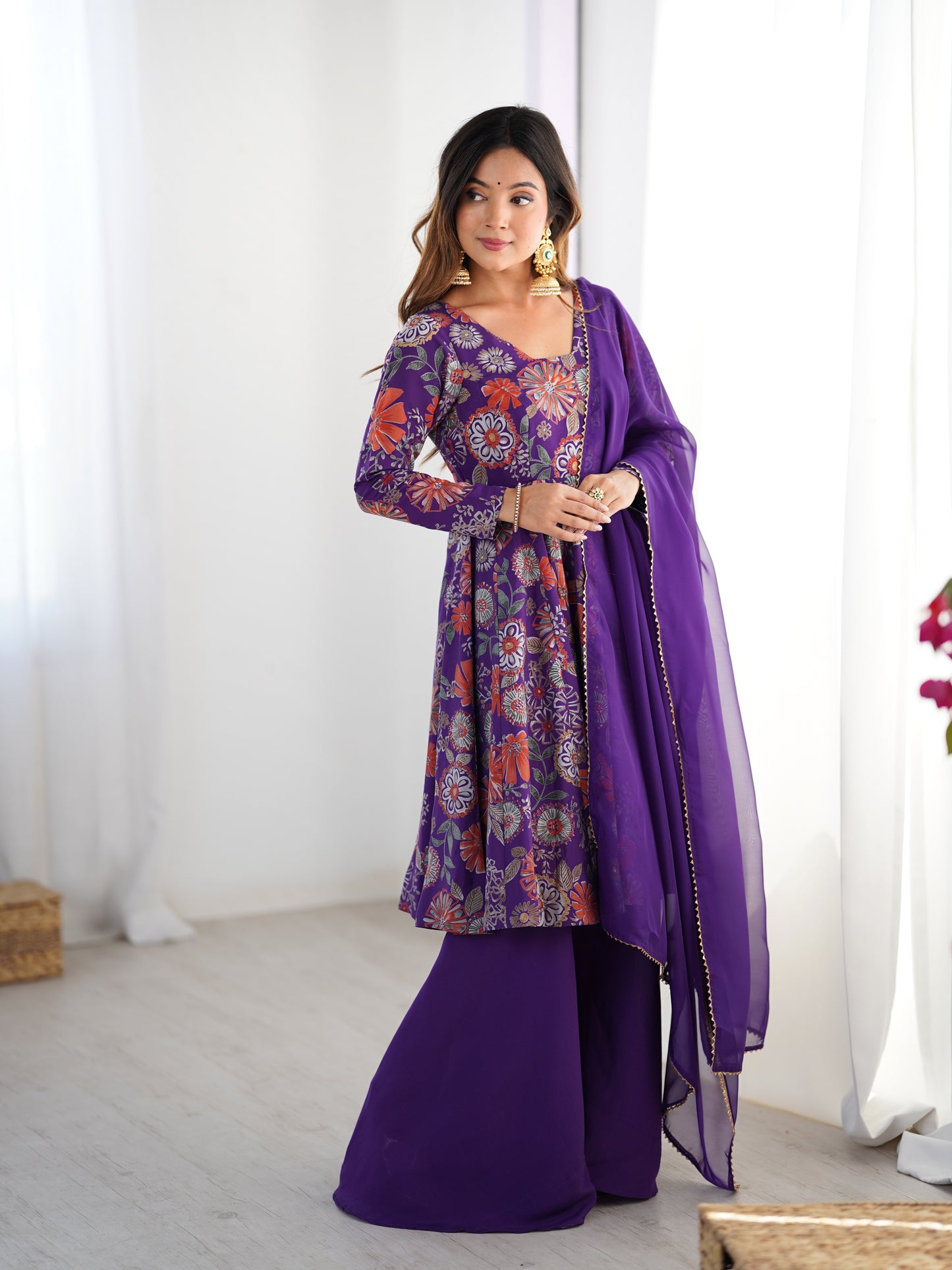 Floral Romansilk Chanderi Kediya Kurta Palazzo Set with Dupatta