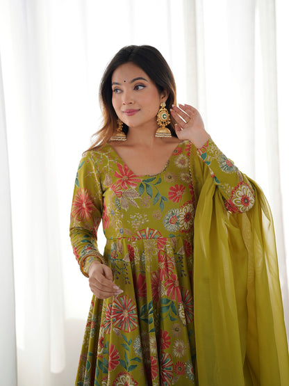 Floral Romansilk Chanderi Kediya Kurta Palazzo Set with Dupatta