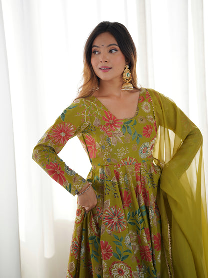 Floral Romansilk Chanderi Kediya Kurta Palazzo Set with Dupatta