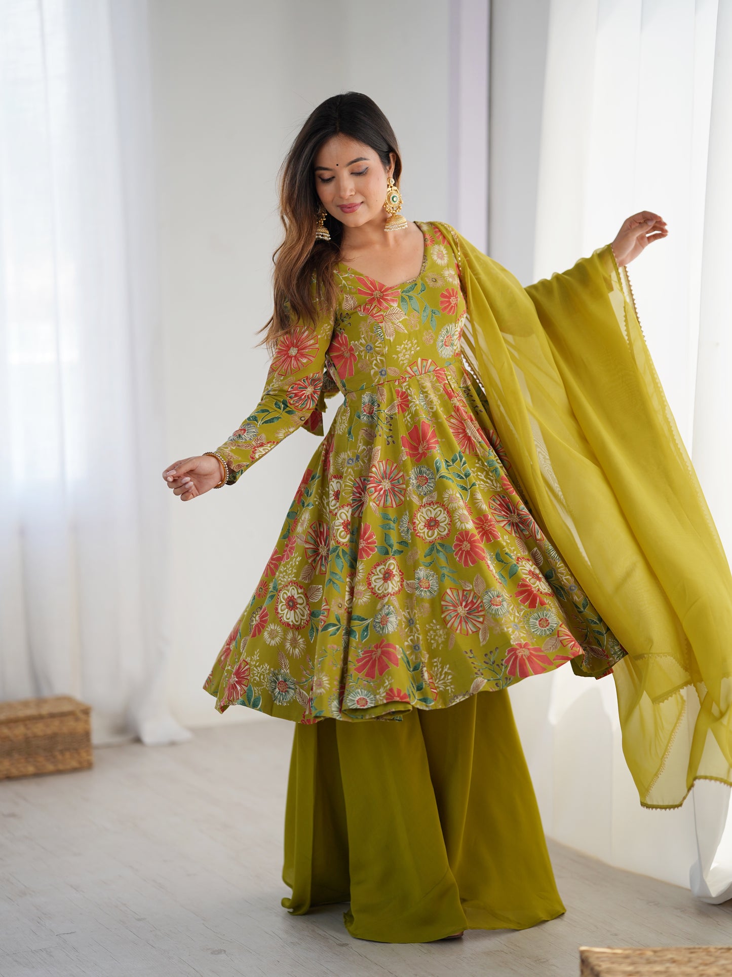 Floral Romansilk Chanderi Kediya Kurta Palazzo Set with Dupatta
