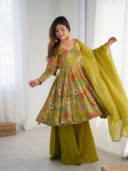 Floral Romansilk Chanderi Kediya Kurta Palazzo Set with Dupatta