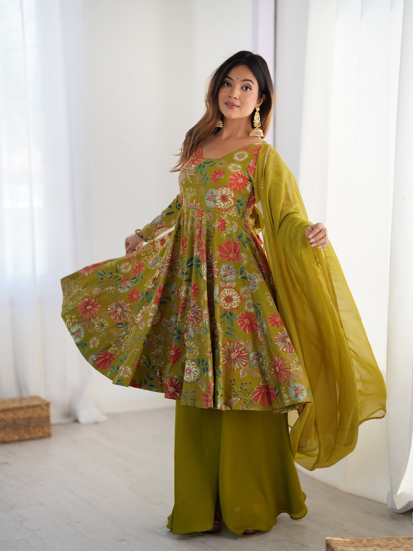 Floral Romansilk Chanderi Kediya Kurta Palazzo Set with Dupatta