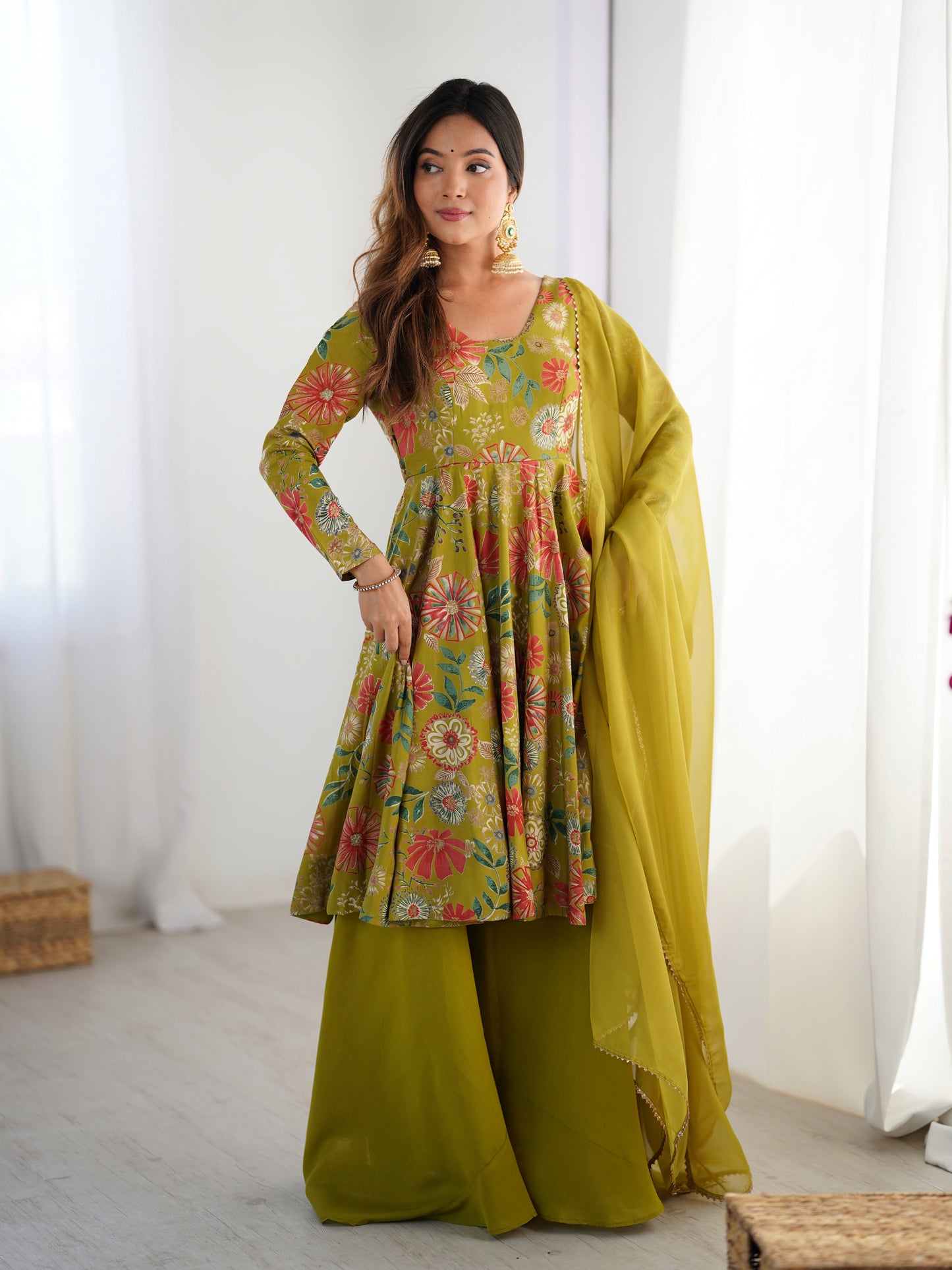 Floral Romansilk Chanderi Kediya Kurta Palazzo Set with Dupatta