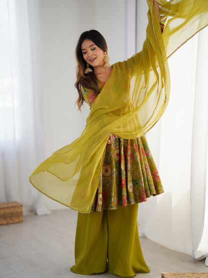 Floral Romansilk Chanderi Kediya Kurta Palazzo Set with Dupatta