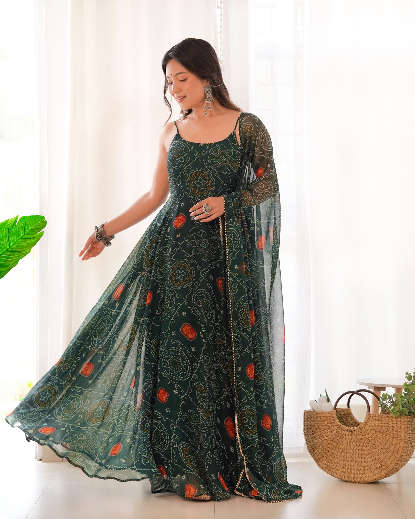 Chiffon Bandhej Anarkali Suit for Women - Party Wear Gown