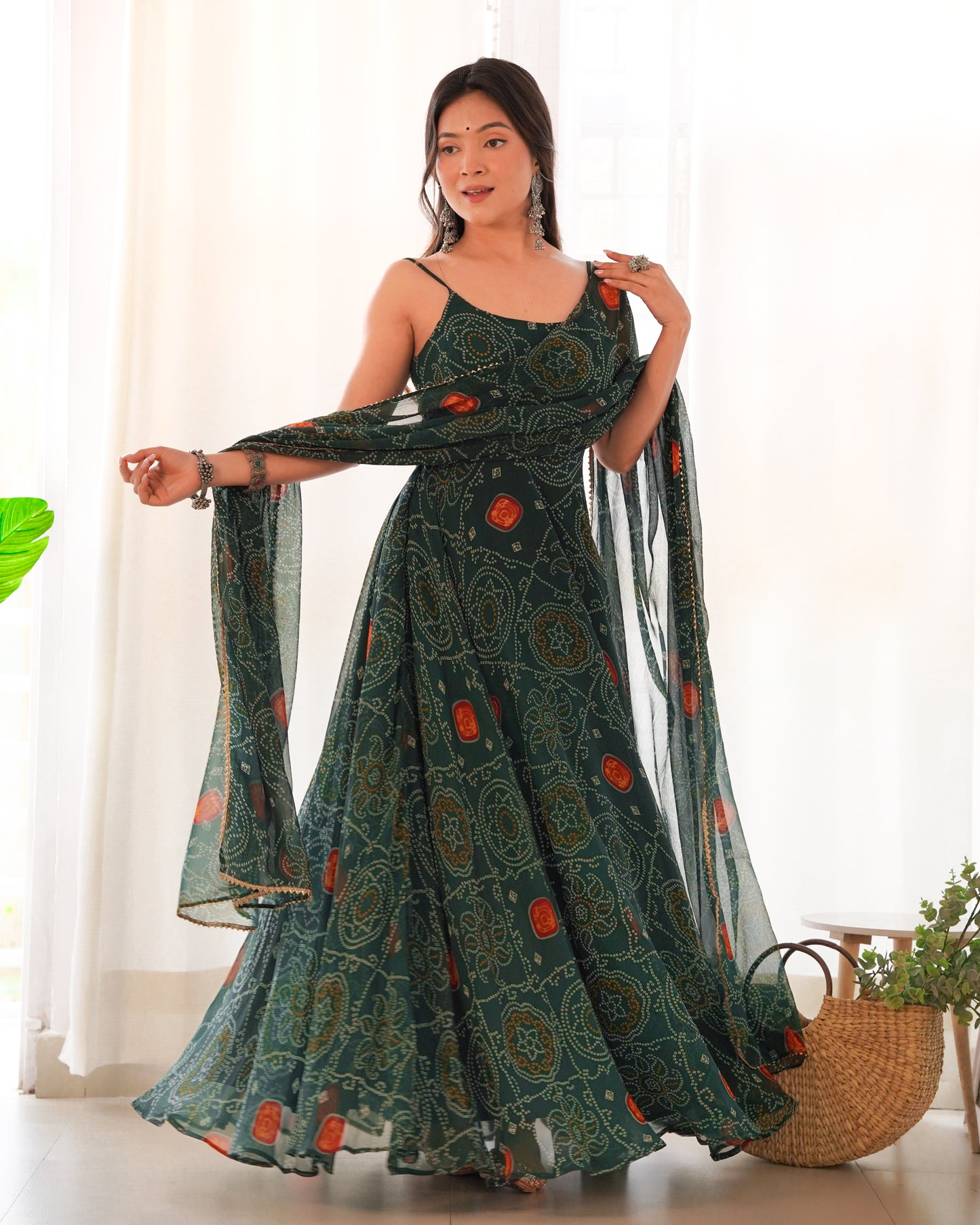 Chiffon Bandhej Anarkali Suit for Women - Party Wear Gown