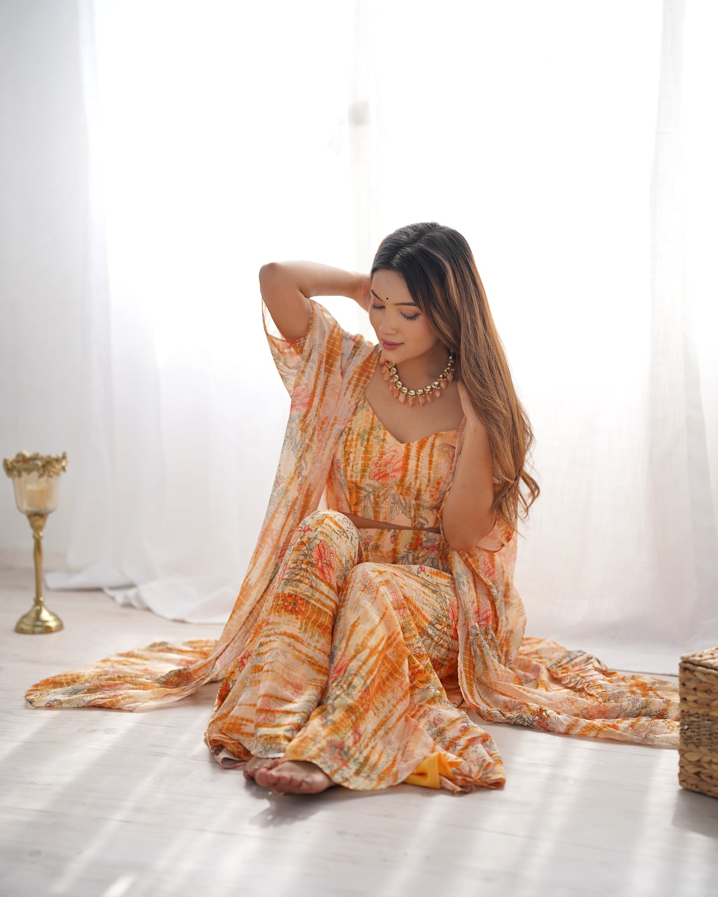 Peach Floral Printed Palazzo Set with Shrug and Crop Top
