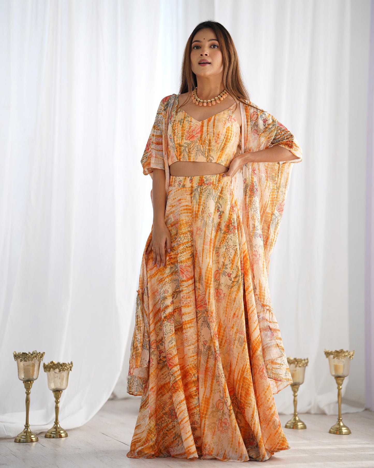 Peach Floral Printed Palazzo Set with Shrug and Crop Top