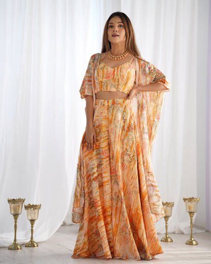 Peach Floral Printed Palazzo Set with Shrug and Crop Top