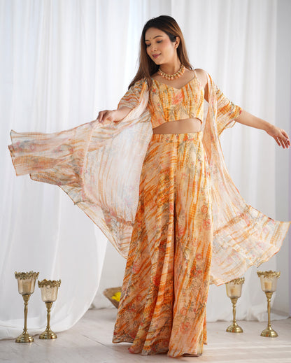 Peach Floral Printed Palazzo Set with Shrug and Crop Top