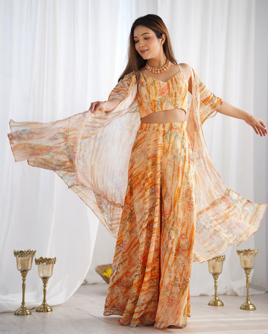 Peach Floral Printed Palazzo Set with Shrug and Crop Top