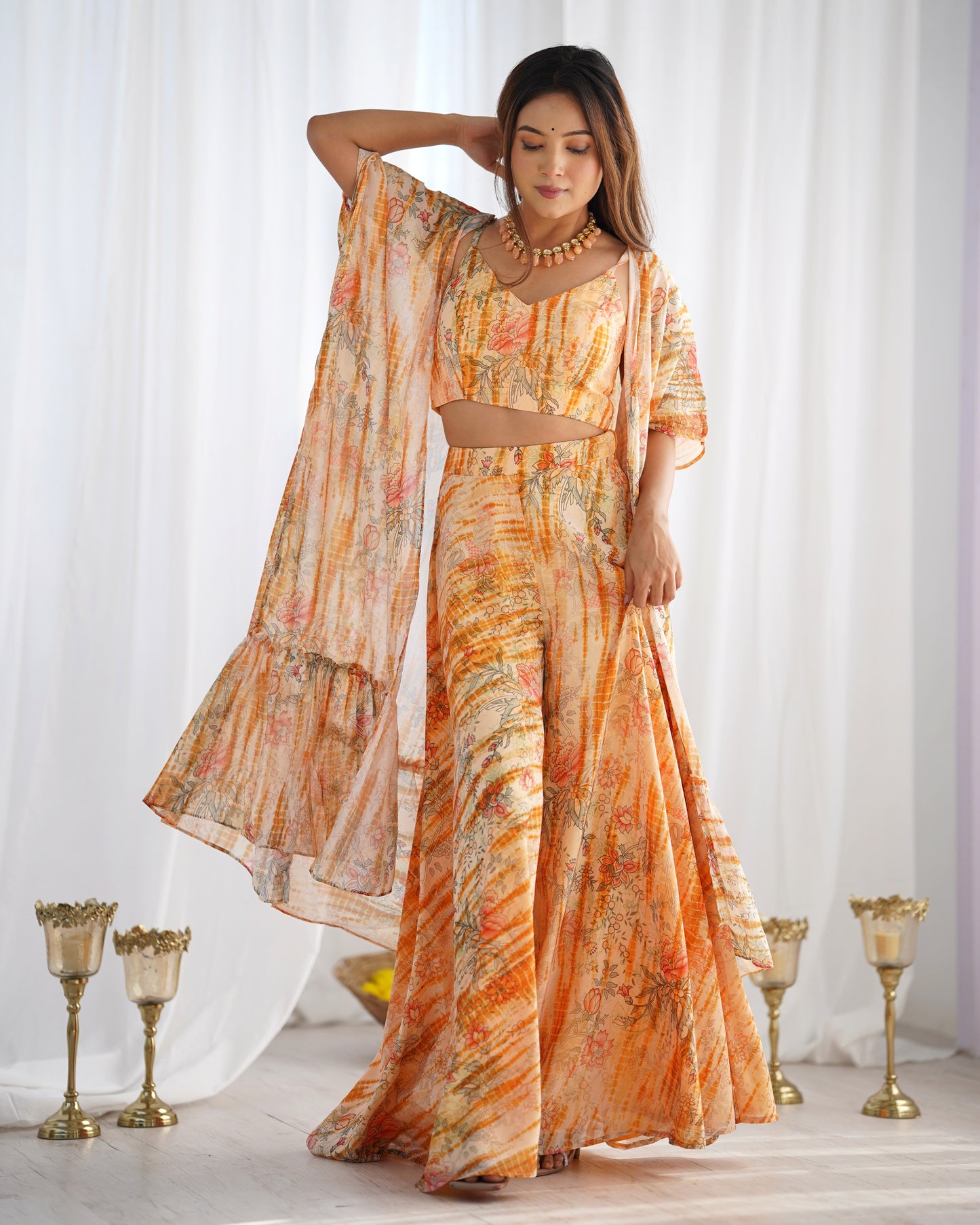 Peach Floral Printed Palazzo Set with Shrug and Crop Top