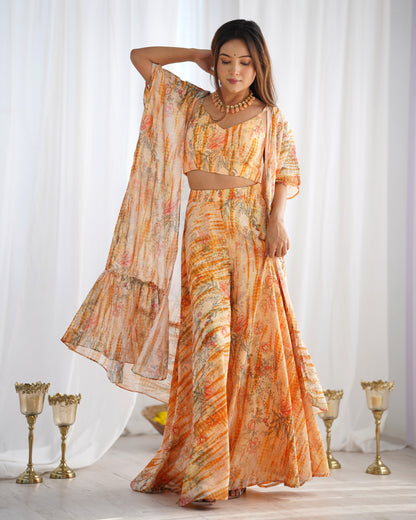 Peach Floral Printed Palazzo Set with Shrug and Crop Top