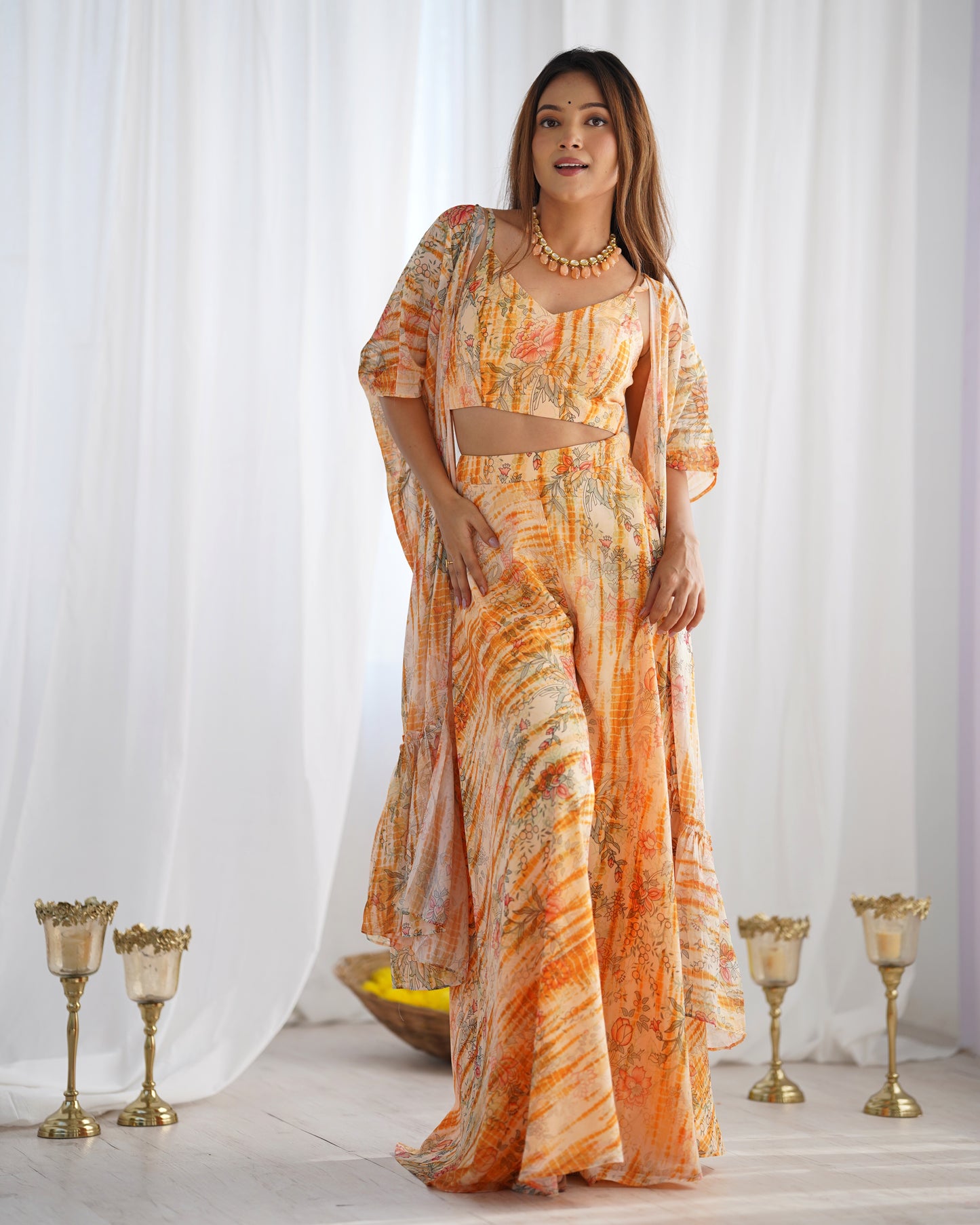 Peach Floral Printed Palazzo Set with Shrug and Crop Top
