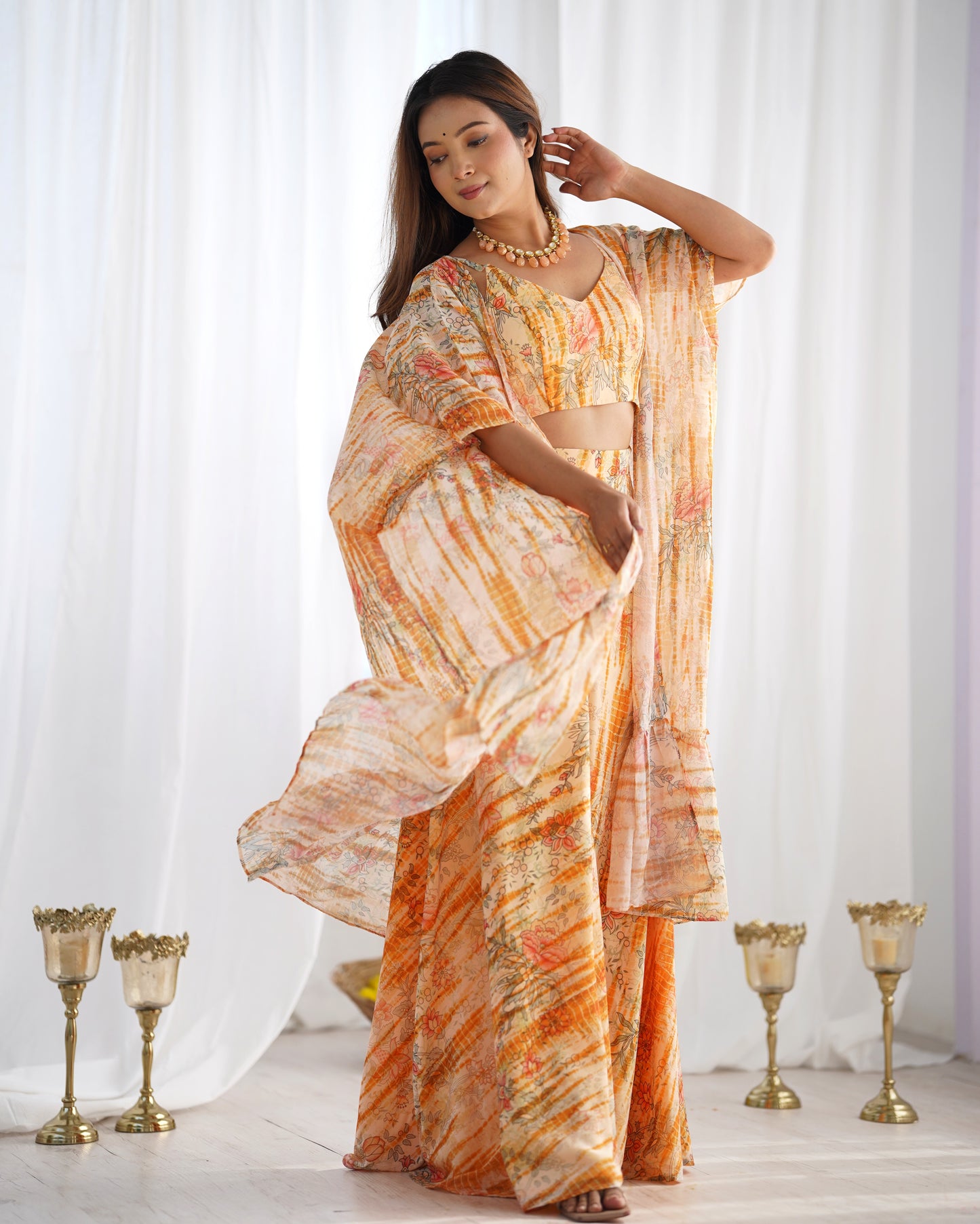 Peach Floral Printed Palazzo Set with Shrug and Crop Top