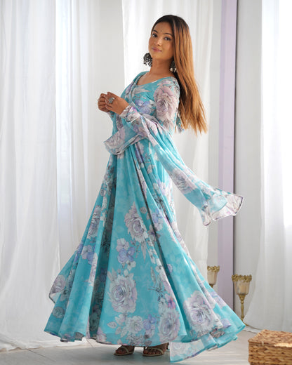 Aqua Blue Floral Print Fox Georgette Anarkali Gown Set