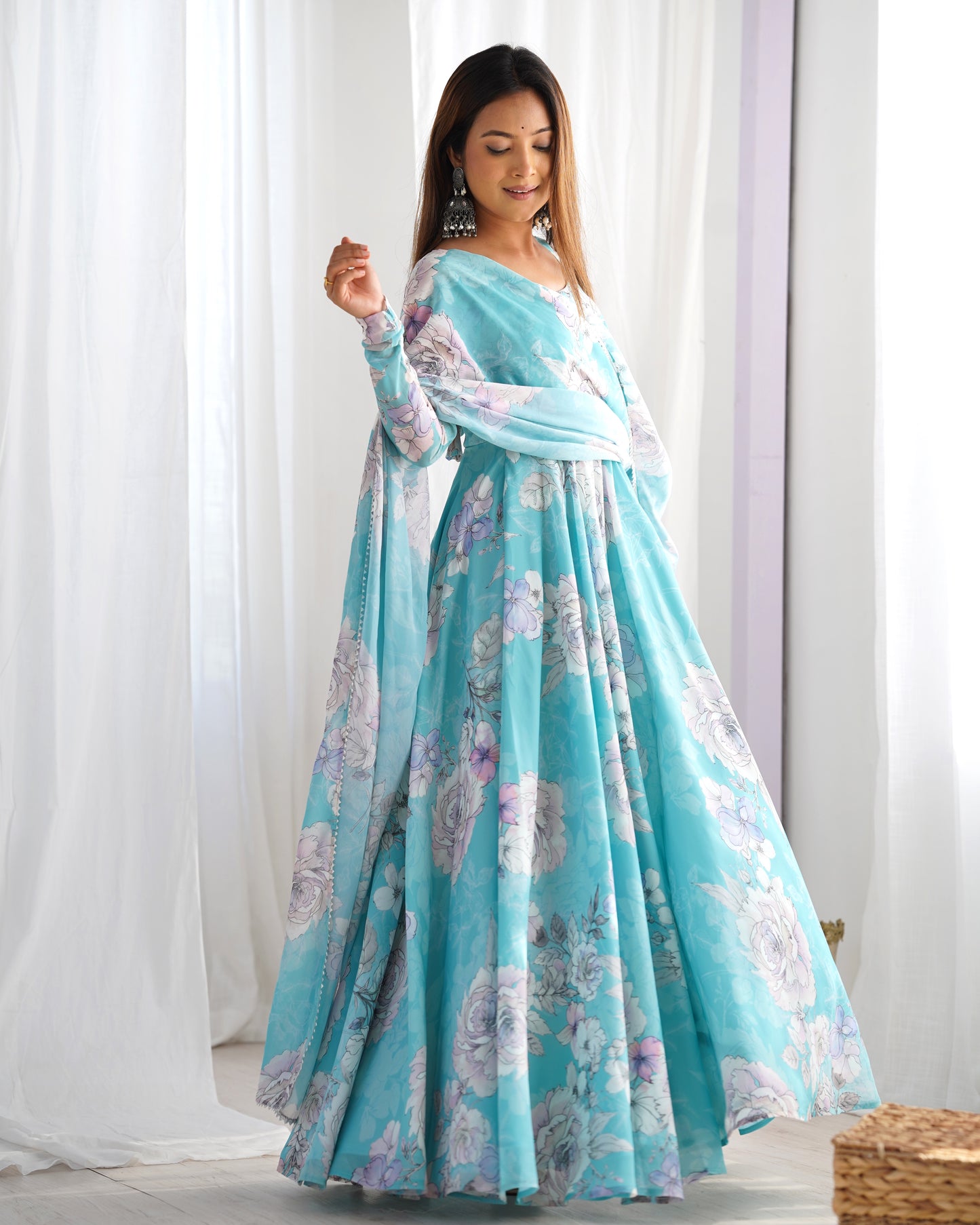 Aqua Blue Floral Print Fox Georgette Anarkali Gown Set