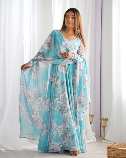Aqua Blue Floral Print Fox Georgette Anarkali Gown Set