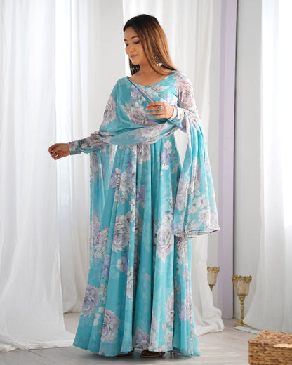 Aqua Blue Floral Print Fox Georgette Anarkali Gown Set