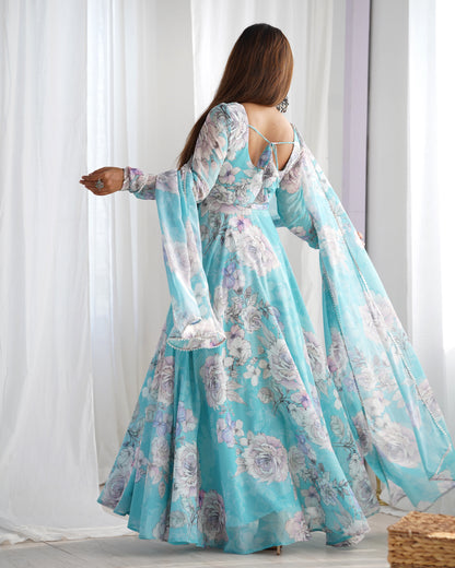 Aqua Blue Floral Print Fox Georgette Anarkali Gown Set