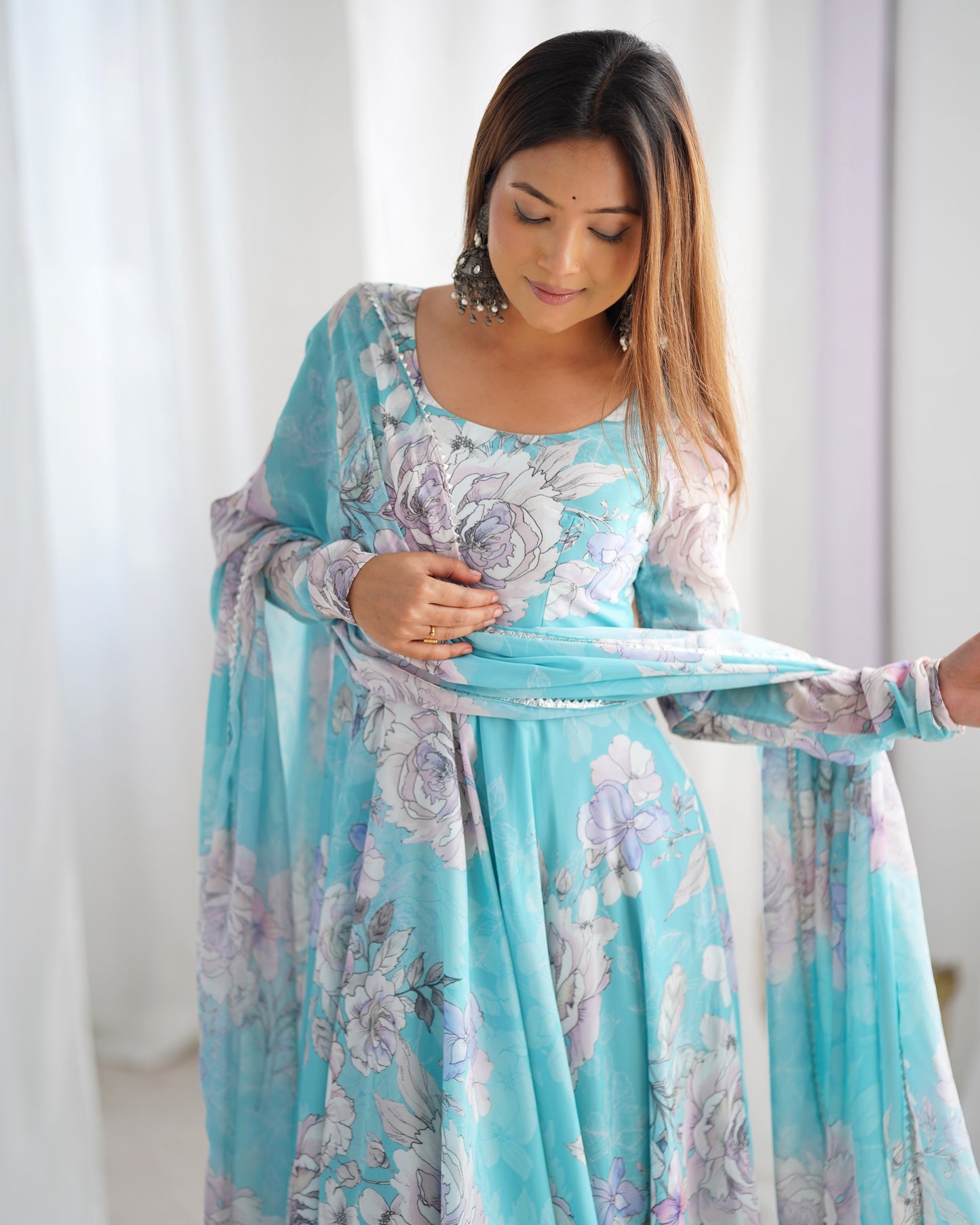 Aqua Blue Floral Print Fox Georgette Anarkali Gown Set