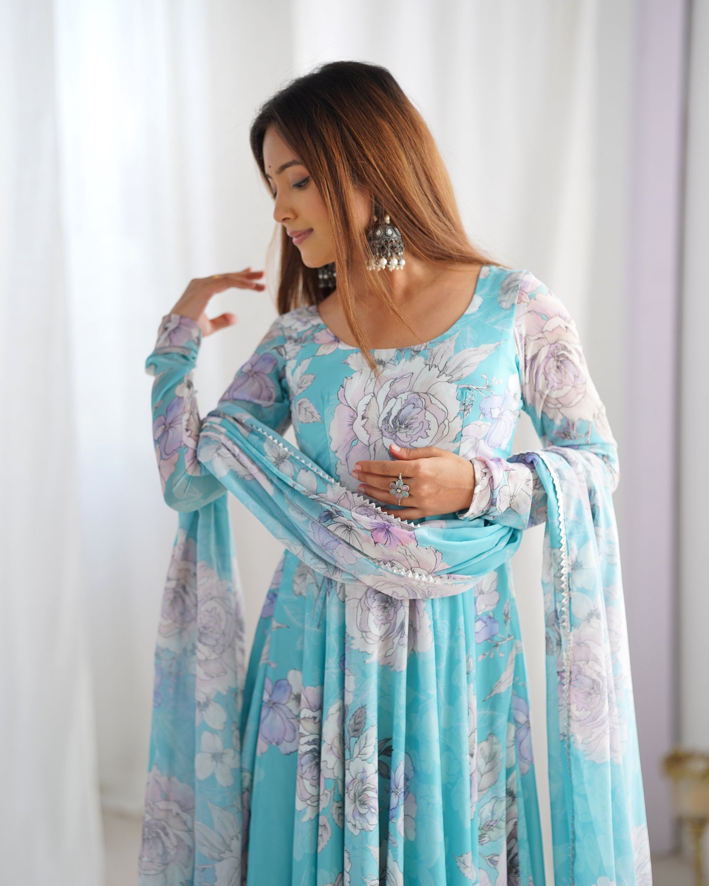 Aqua Blue Floral Print Fox Georgette Anarkali Gown Set