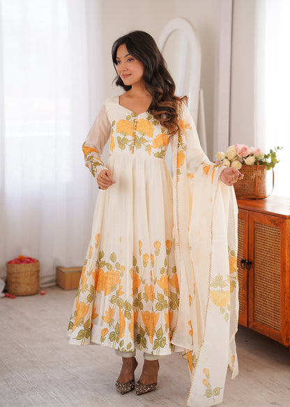 Cream Floral Organza Anarkali Salwar Suit for Wedding