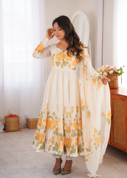Cream Floral Organza Anarkali Salwar Suit for Wedding