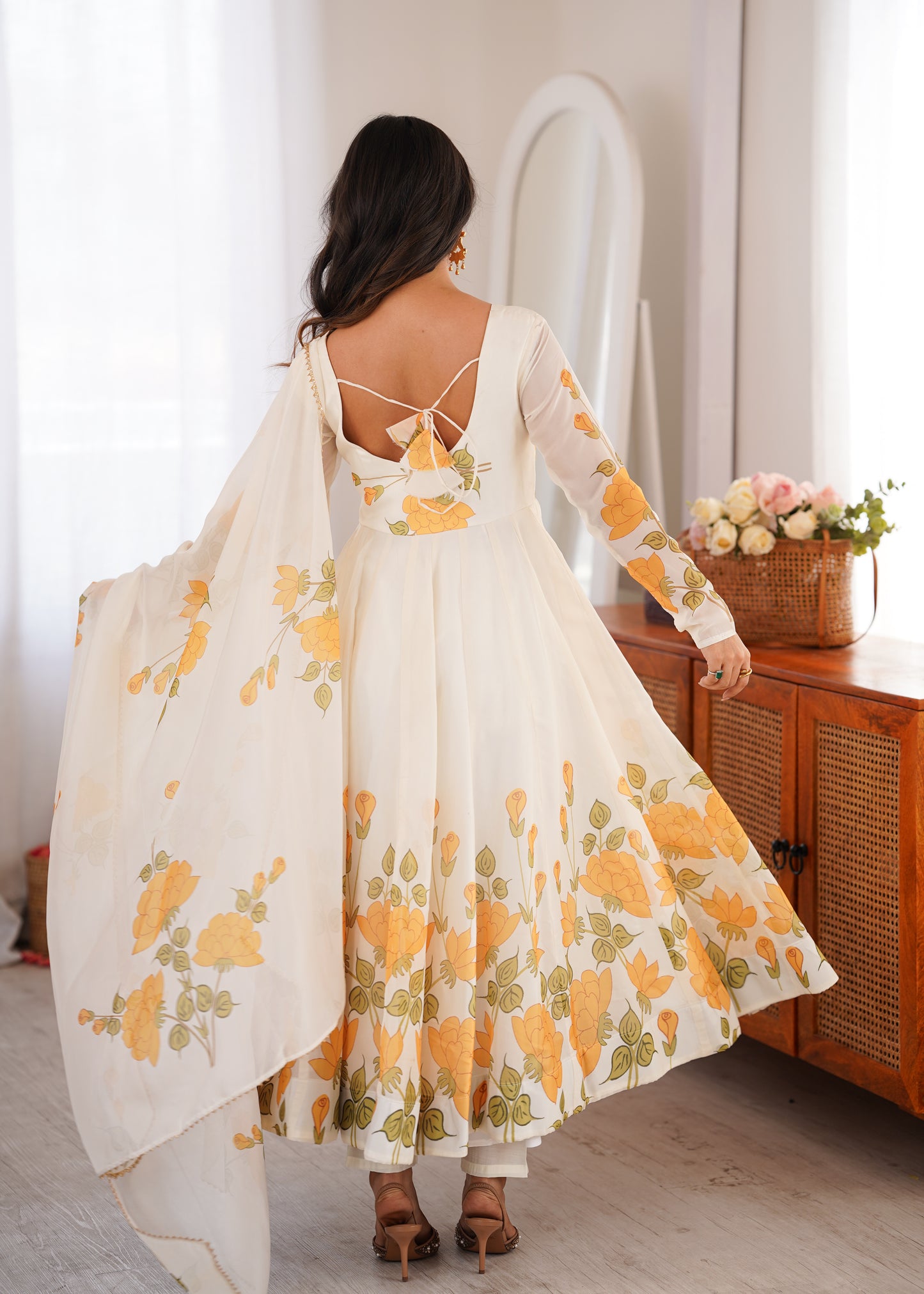 Cream Floral Organza Anarkali Salwar Suit for Wedding