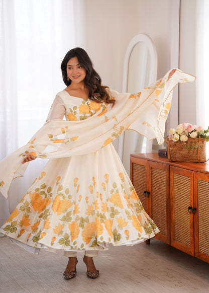 Cream Floral Organza Anarkali Salwar Suit for Wedding