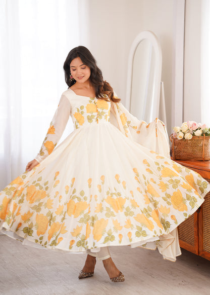 Cream Floral Organza Anarkali Salwar Suit for Wedding