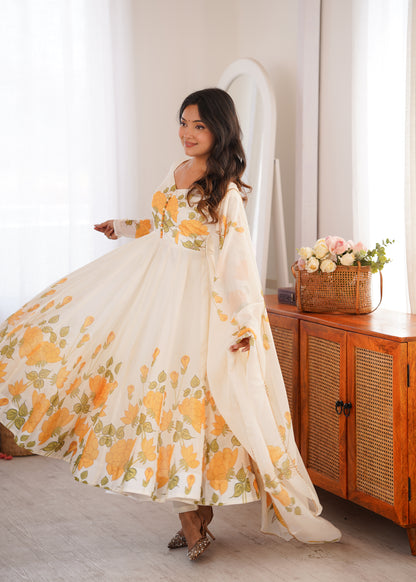 Cream Floral Organza Anarkali Salwar Suit for Wedding