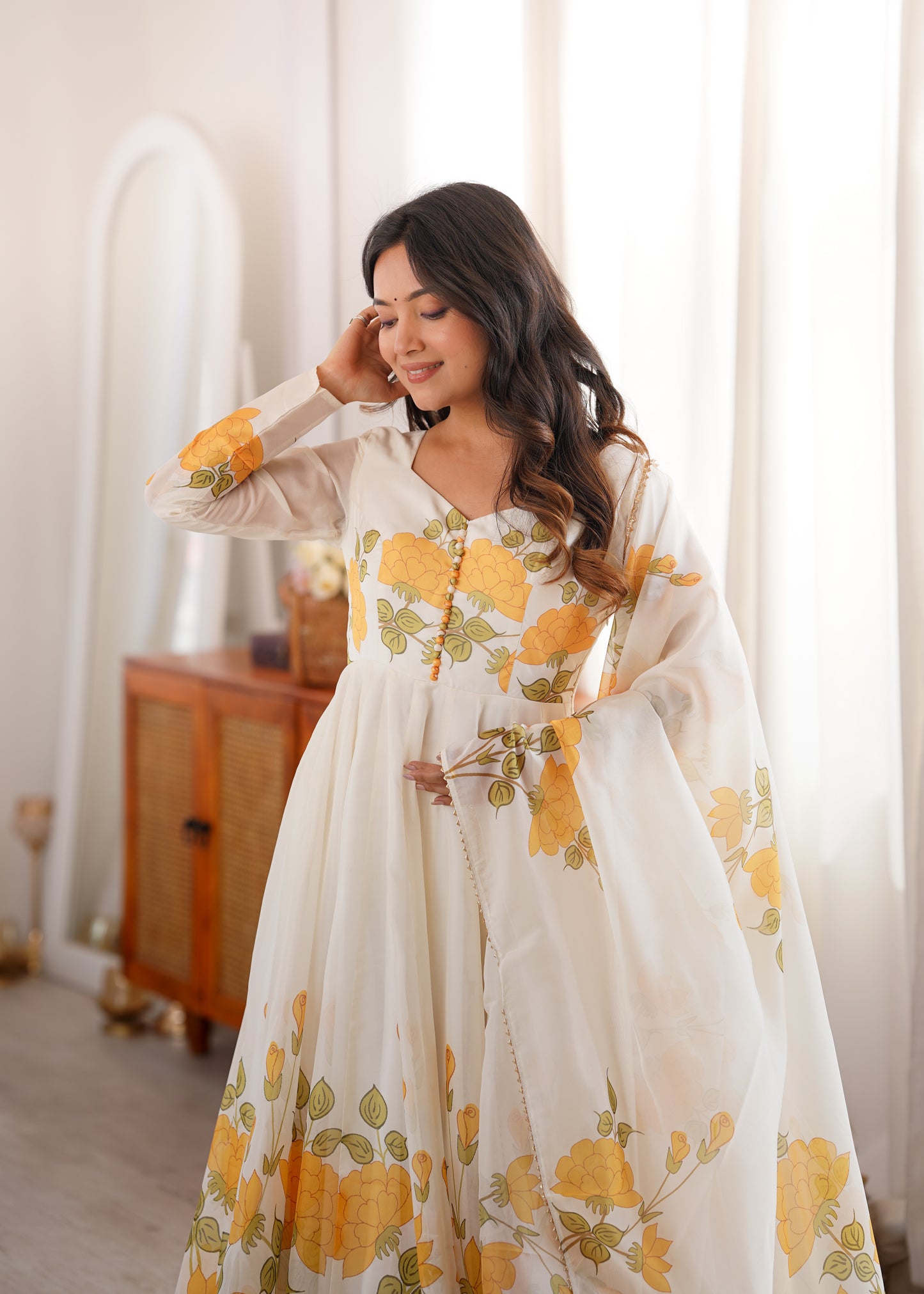 Cream Floral Organza Anarkali Salwar Suit for Wedding