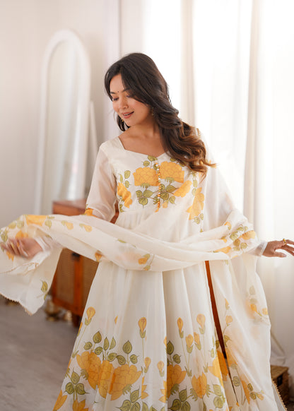 Cream Floral Organza Anarkali Salwar Suit for Wedding