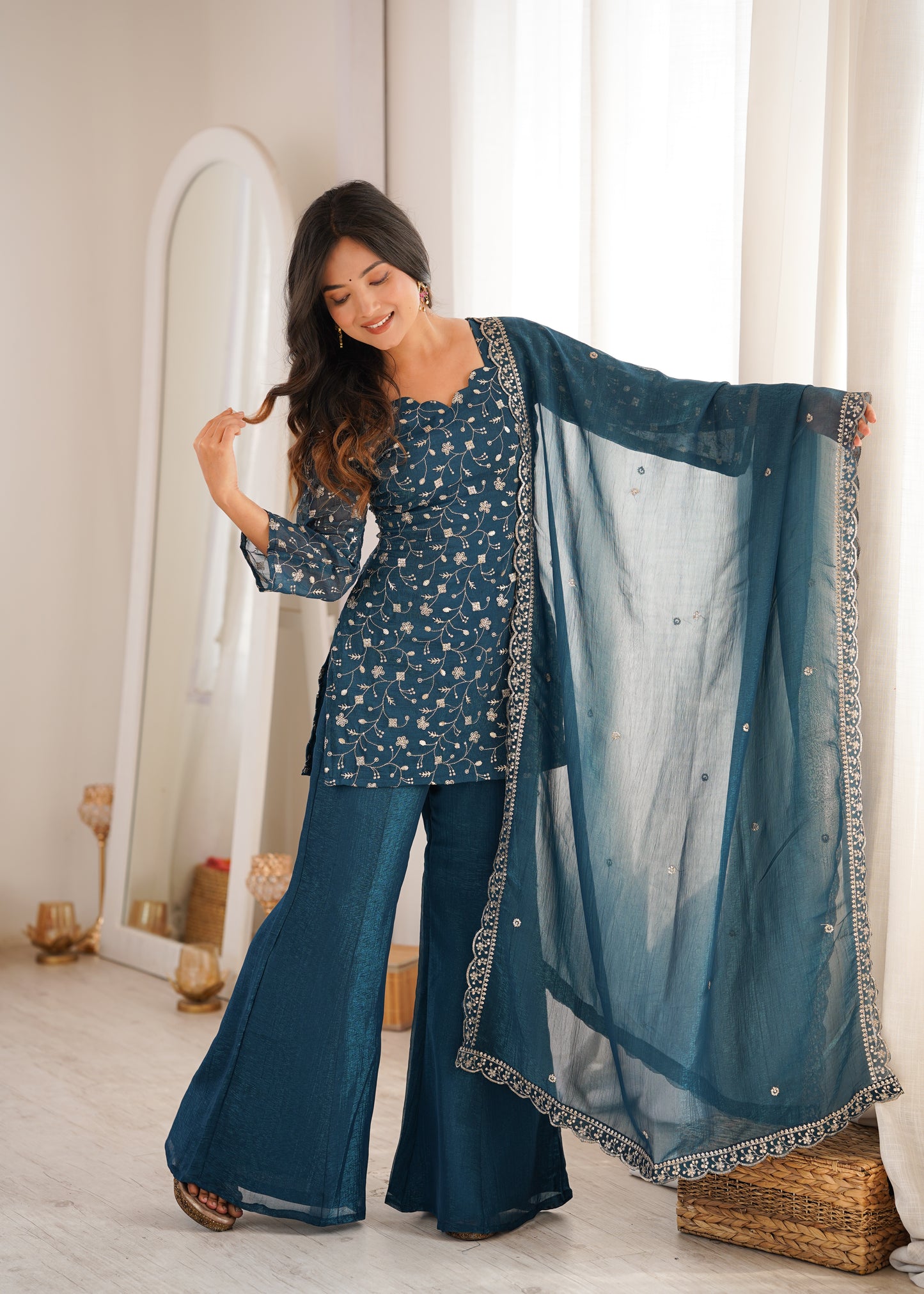 Teal Blue Crunchy Silk Salwar Suit Party Wear for Women