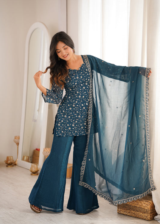 Teal Blue Crunchy Silk Salwar Suit Party Wear for Women