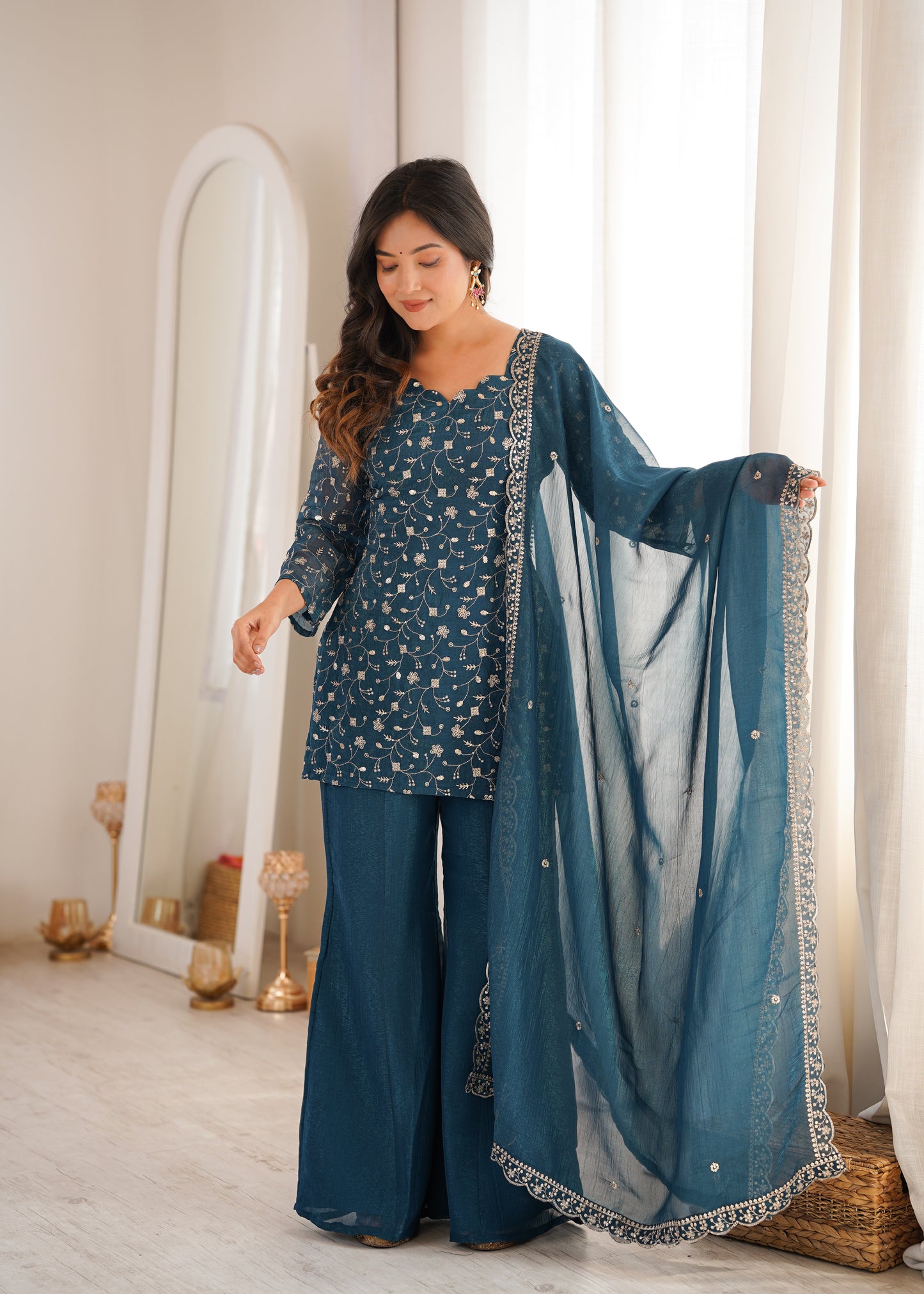 Teal Blue Crunchy Silk Salwar Suit Party Wear for Women