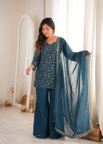 Teal Blue Crunchy Silk Salwar Suit Party Wear for Women