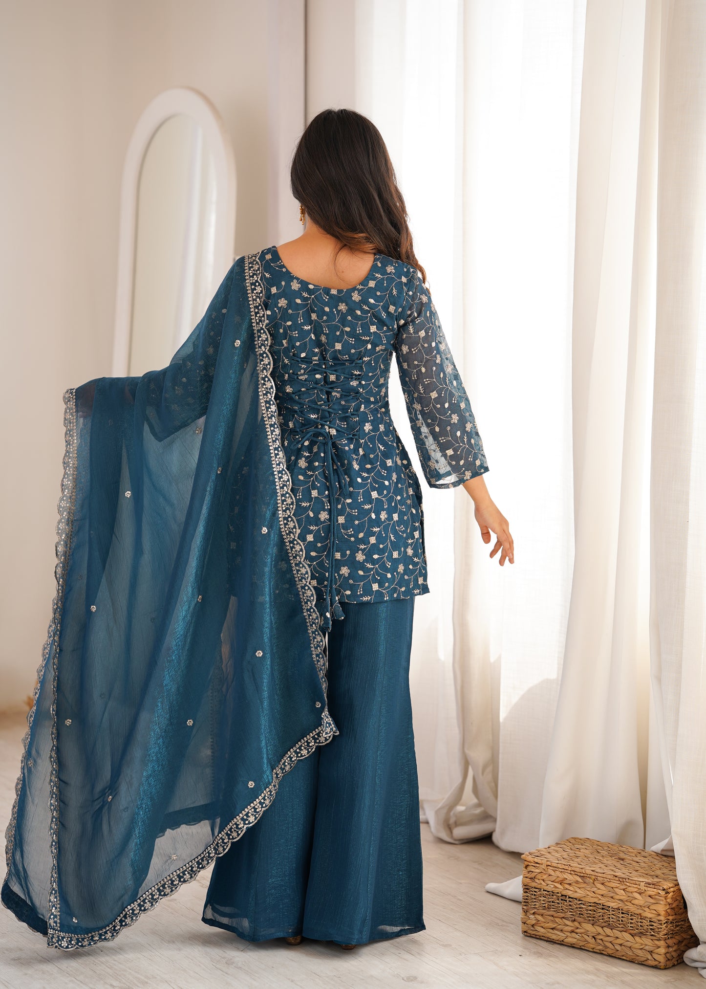 Teal Blue Crunchy Silk Salwar Suit Party Wear for Women