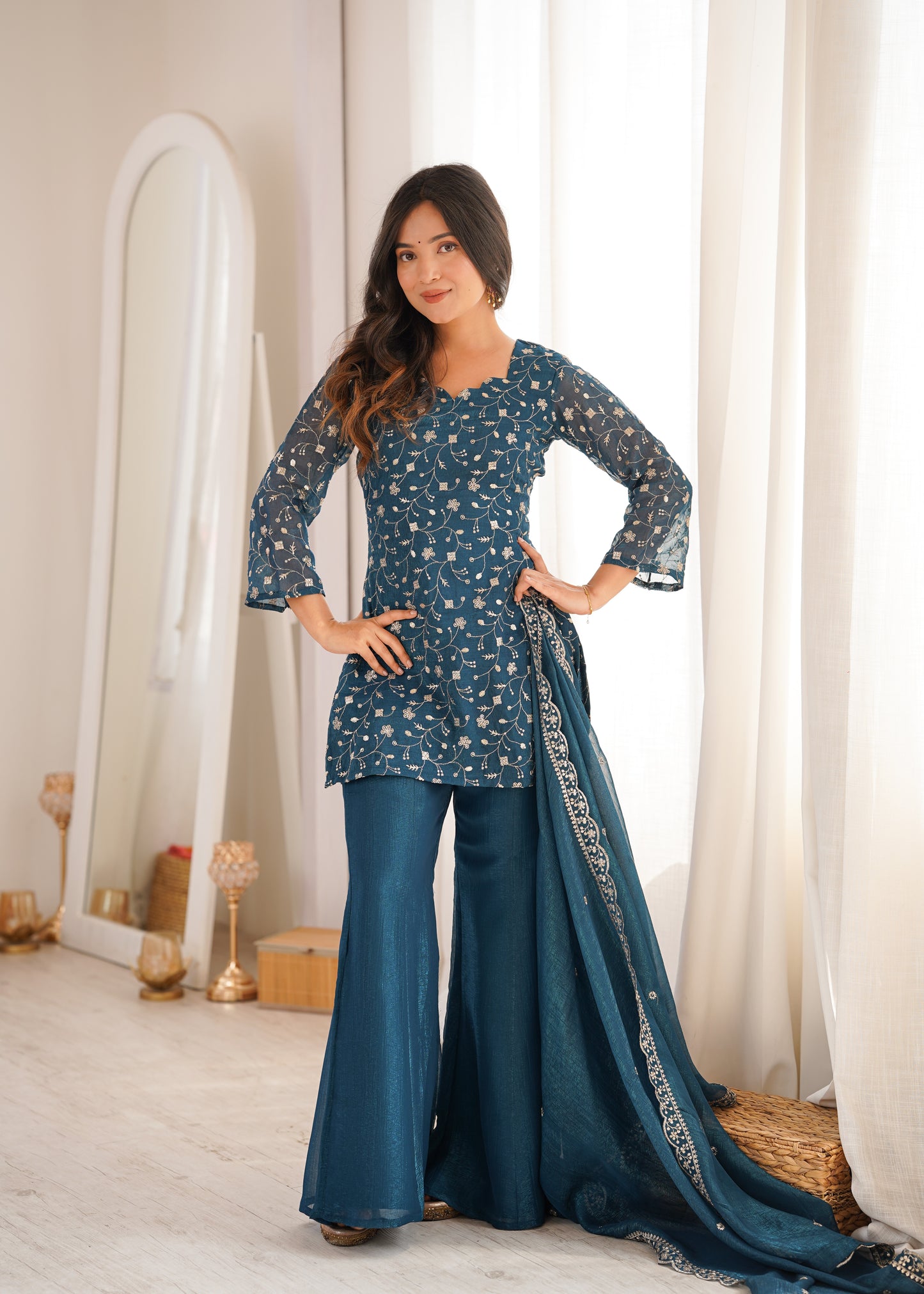 Teal Blue Crunchy Silk Salwar Suit Party Wear for Women