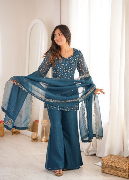 Teal Blue Crunchy Silk Salwar Suit Party Wear for Women