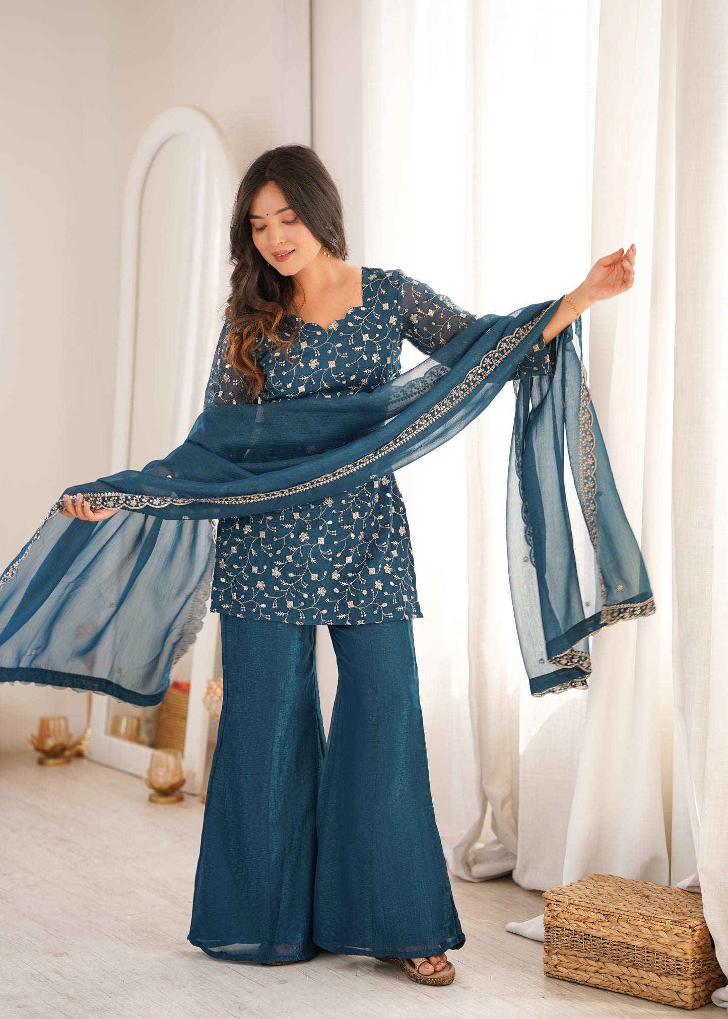 Teal Blue Crunchy Silk Salwar Suit Party Wear for Women