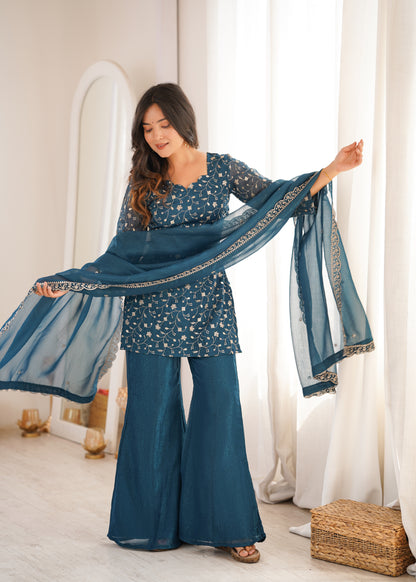 Teal Blue Crunchy Silk Salwar Suit Party Wear for Women